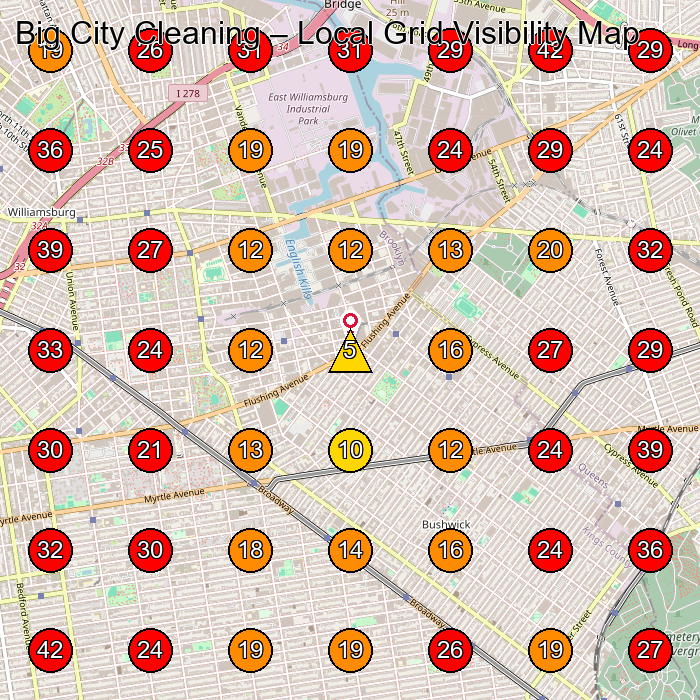 Big City Cleaning GeoGrid visibility map for Commercial Cleaning Service in Brooklyn